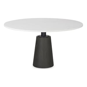 Maxwell Round White Marble Top Black Metal Wood Pedestal Base Dining Table