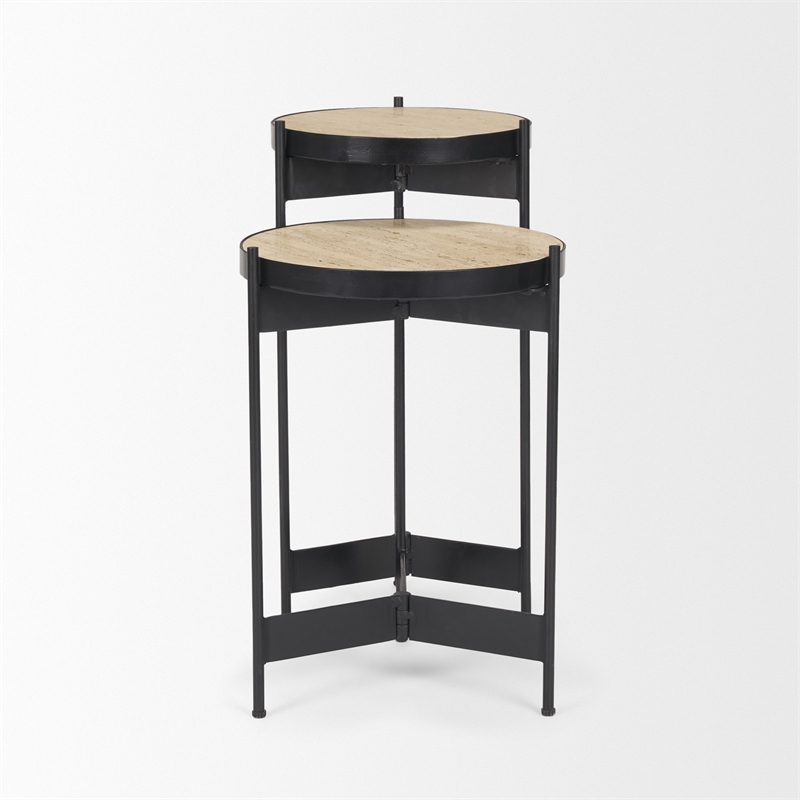 Wade Travertine Marble w/ Matte Black Metal End Tables