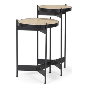 Wade Travertine Marble w/ Matte Black Metal End Tables