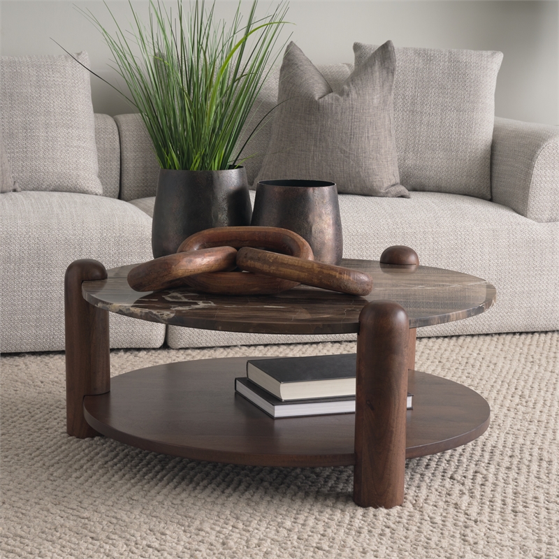 Mercana Jovia Mango Wood and Marble Round Coffee Table in Brown/Cappuccino