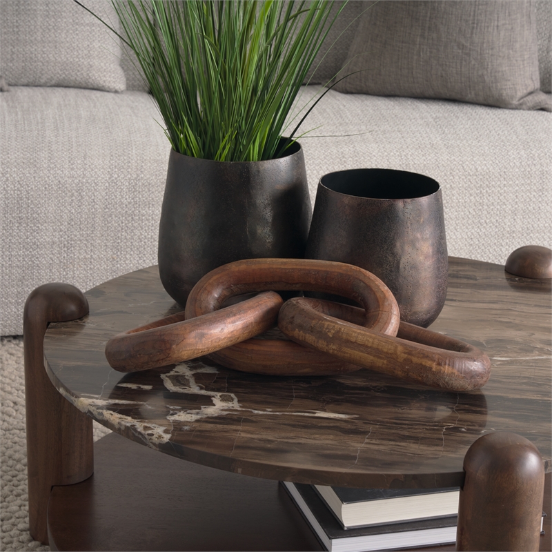 Mercana Jovia Mango Wood and Marble Round Coffee Table in Brown/Cappuccino