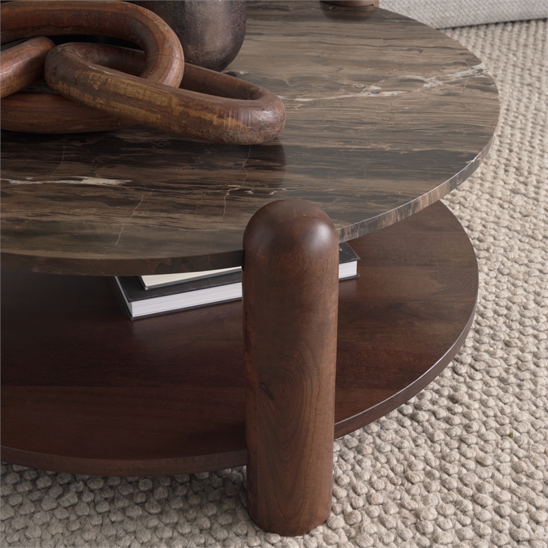 Mercana Jovia Mango Wood and Marble Round Coffee Table in Brown/Cappuccino