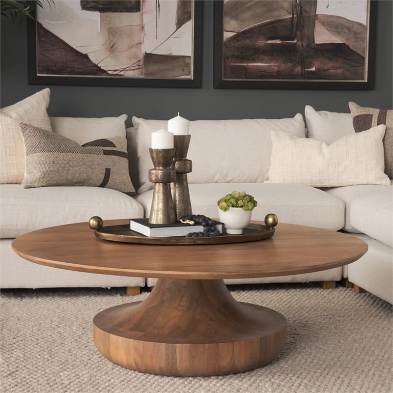 Mercana Arno Wood Sculptural Round Coffee Table in Warm Mid-Brown