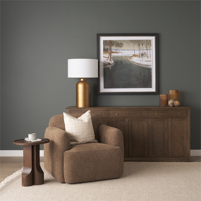 Mercana Cayson Solid Wood Sculptural Round Accent Table in Dark Brown