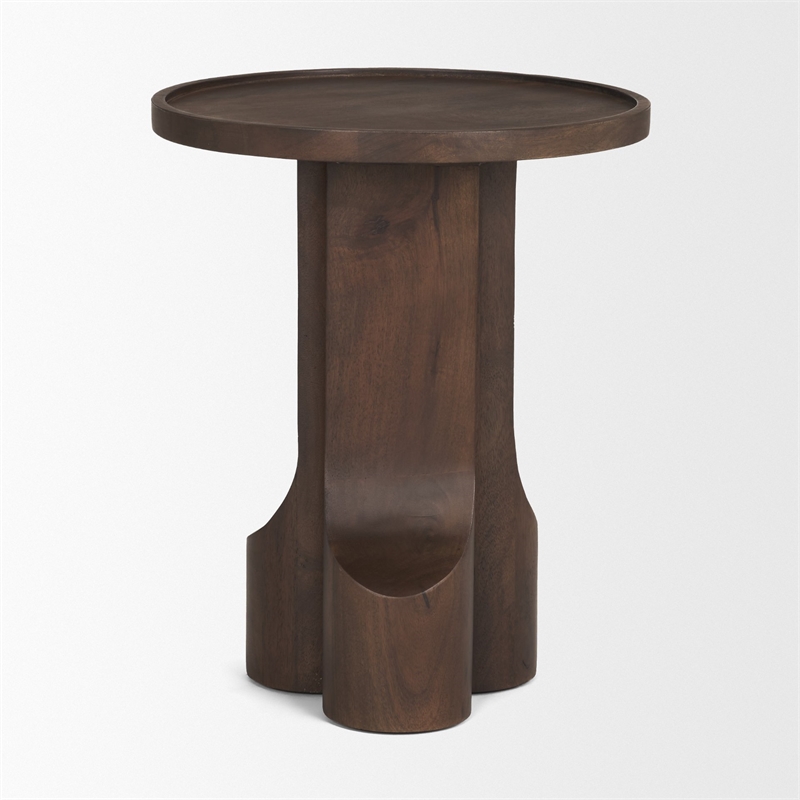 Mercana Cayson Solid Wood Sculptural Round Accent Table in Dark Brown