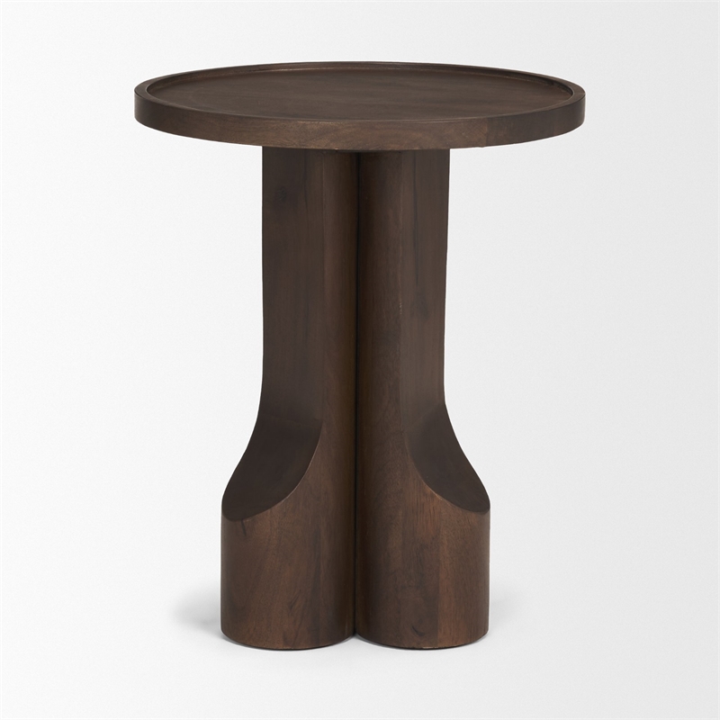 Mercana Cayson Solid Wood Sculptural Round Accent Table in Dark Brown