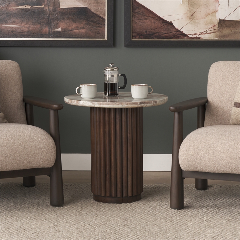 Mercana Marbrello Pink Marble Top Espresso Brown Fluted Wood Round Side Table