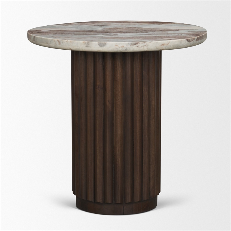 Mercana Marbrello Pink Marble Top Espresso Brown Fluted Wood Round Side Table