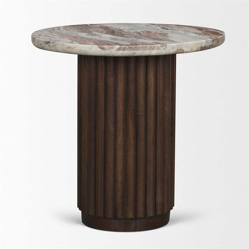 Mercana Marbrello Pink Marble Top Espresso Brown Fluted Wood Round Side Table