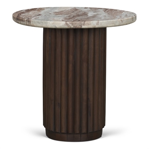 Mercana Marbrello Pink Marble Top Espresso Brown Fluted Wood Round Side Table