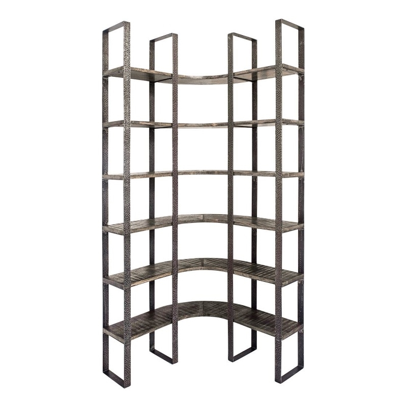 Turner I Curved Brown Wood and Black Iron Six Shelving Unit