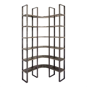 Turner I Curved Brown Wood and Black Iron Six Shelving Unit