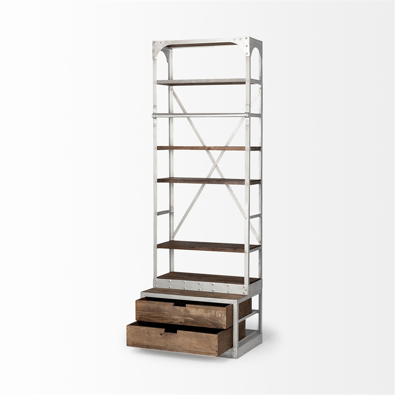 Brodie III Medium Brown Wood Silver Accent Four Shelf Shelving Unit