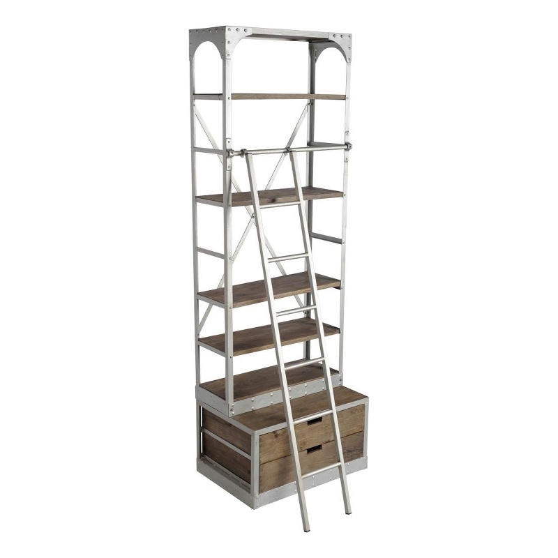 Brodie III Medium Brown Wood Silver Accent Four Shelf Shelving Unit