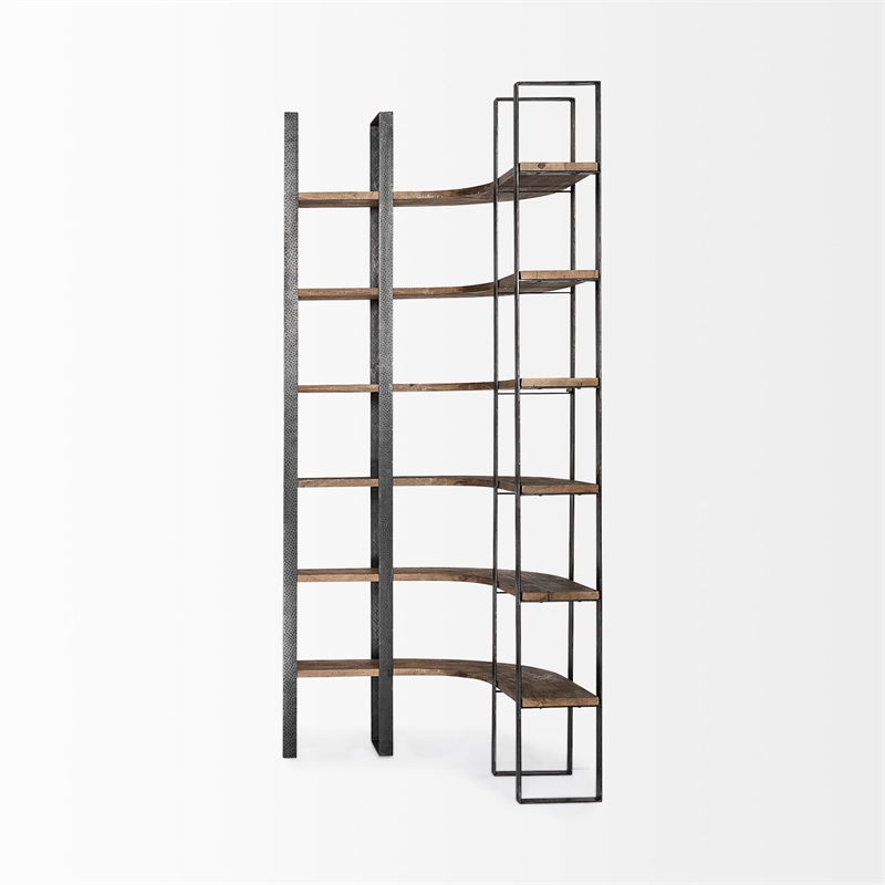 Turner II Curved Dark Brown Wood And Black Iron Six Shelving Unit