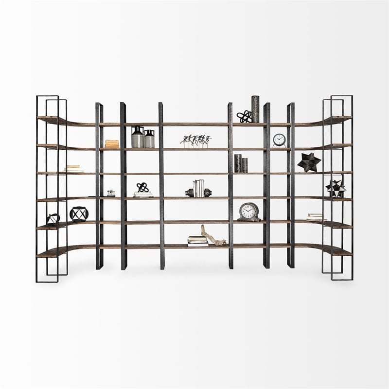 Turner II Curved Dark Brown Wood And Black Iron Six Shelving Unit