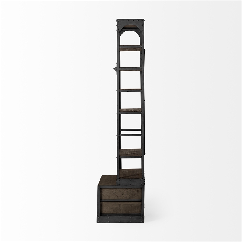 Brodie VII Brown Wood Gun-Metal Bracing Four Shelf Shelving Unit