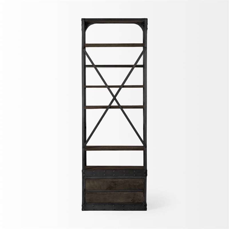Brodie VII Brown Wood Gun-Metal Bracing Four Shelf Shelving Unit