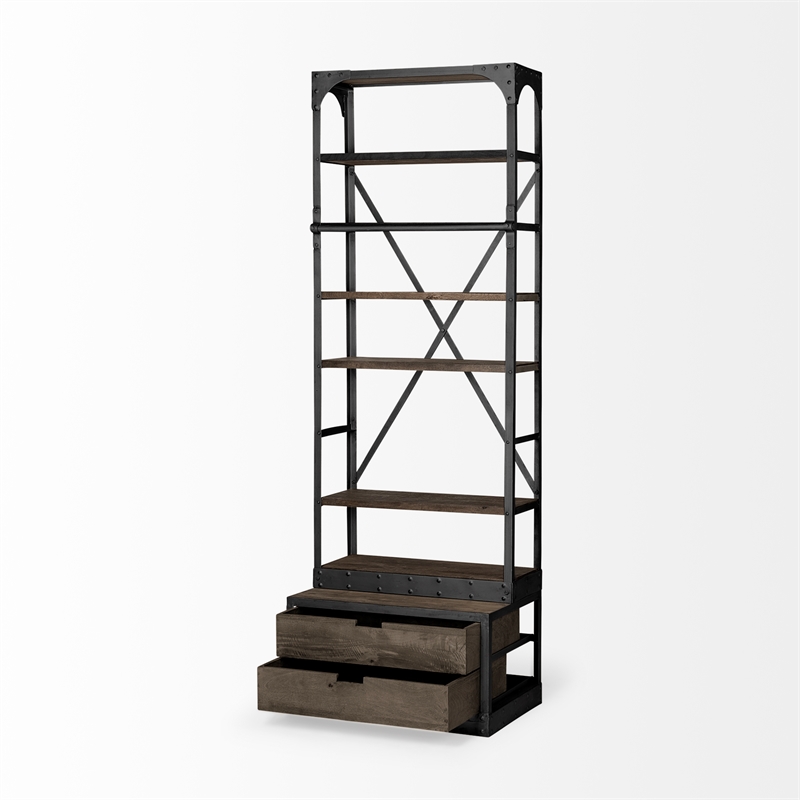 Brodie VII Brown Wood Gun-Metal Bracing Four Shelf Shelving Unit