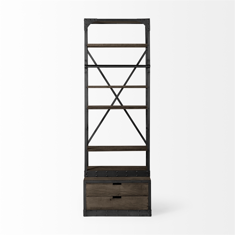 Brodie VII Brown Wood Gun-Metal Bracing Four Shelf Shelving Unit