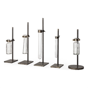 Jarvis Set of Five Dark Brown Metal and Glass Chemistry Inspired Bottles