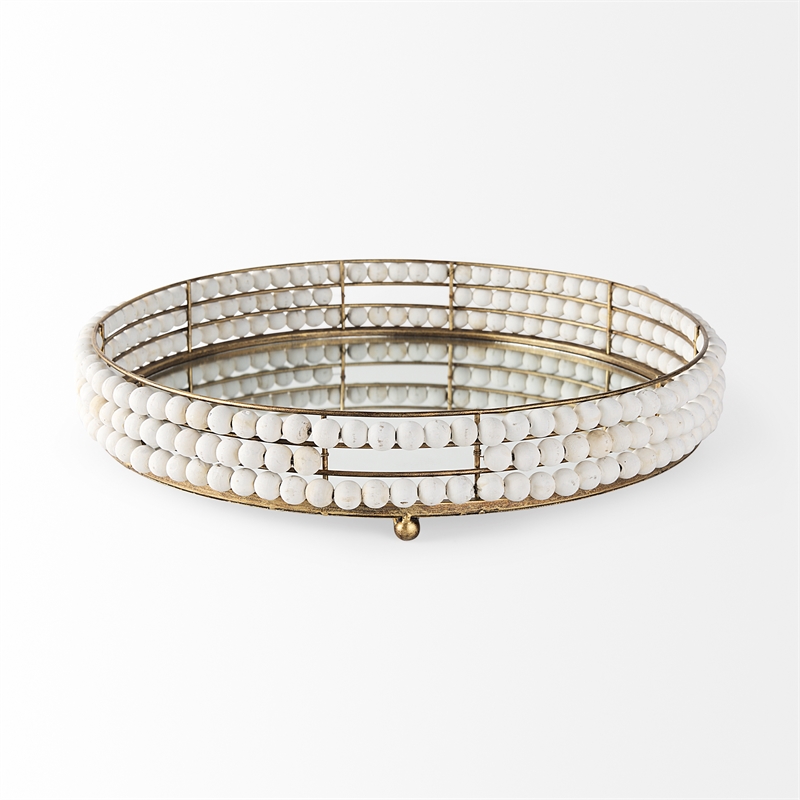 Decatur I White Wooden Bead Mirrored Bottom Round Tray