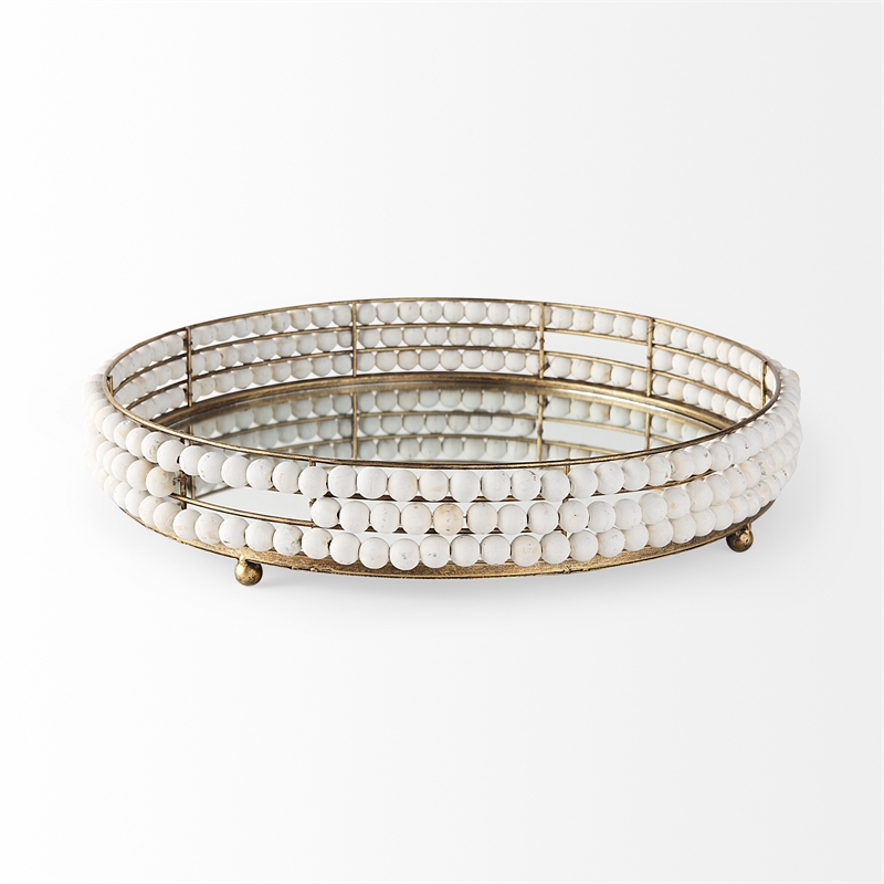 Decatur I White Wooden Bead Mirrored Bottom Round Tray