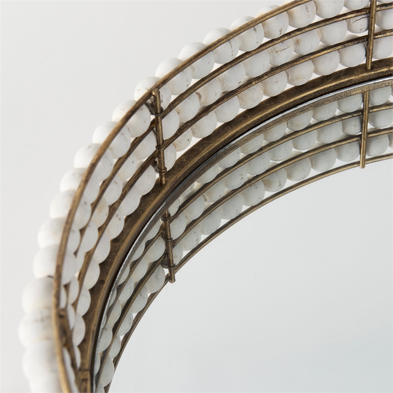 Decatur I White Wooden Bead Mirrored Bottom Round Tray