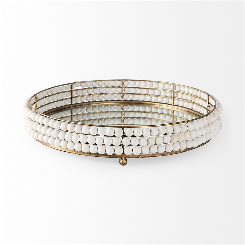 Decatur I White Wooden Bead Mirrored Bottom Round Tray