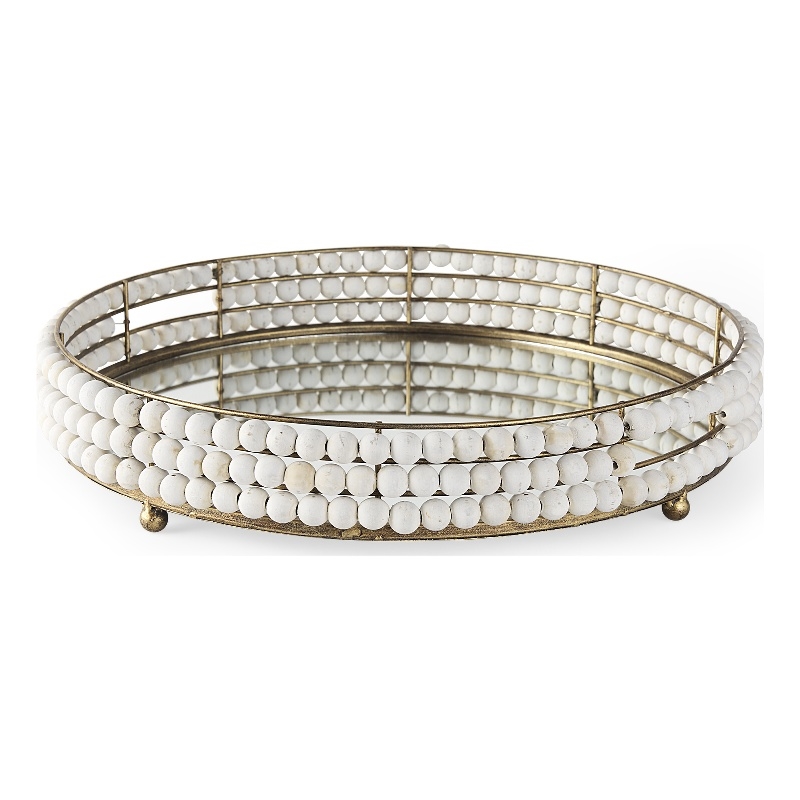 Decatur I White Wooden Bead Mirrored Bottom Round Tray