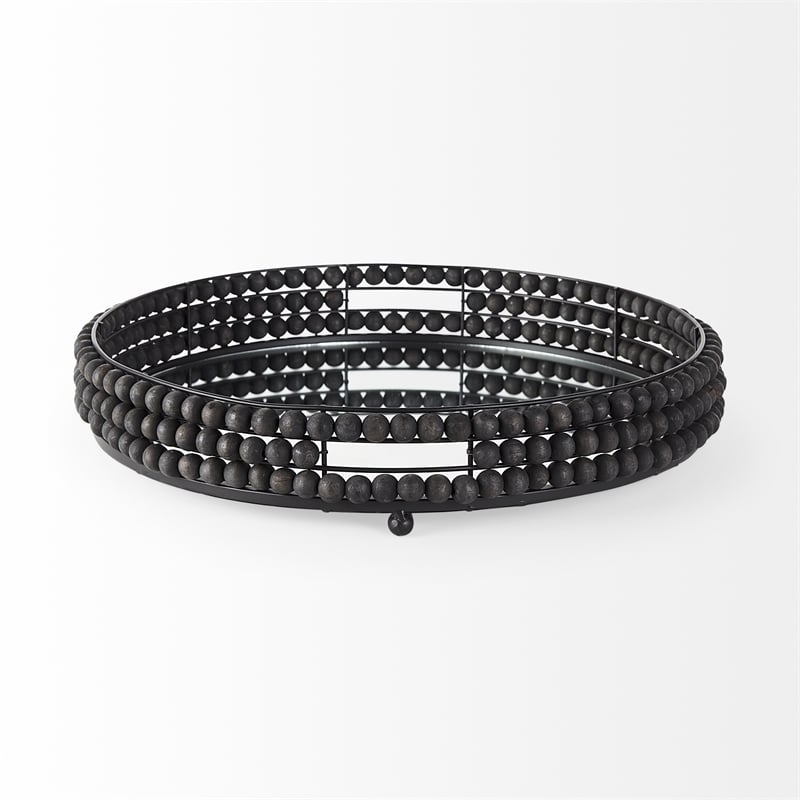 Decatur II Black Wooden Bead Mirrored Bottom Round Tray