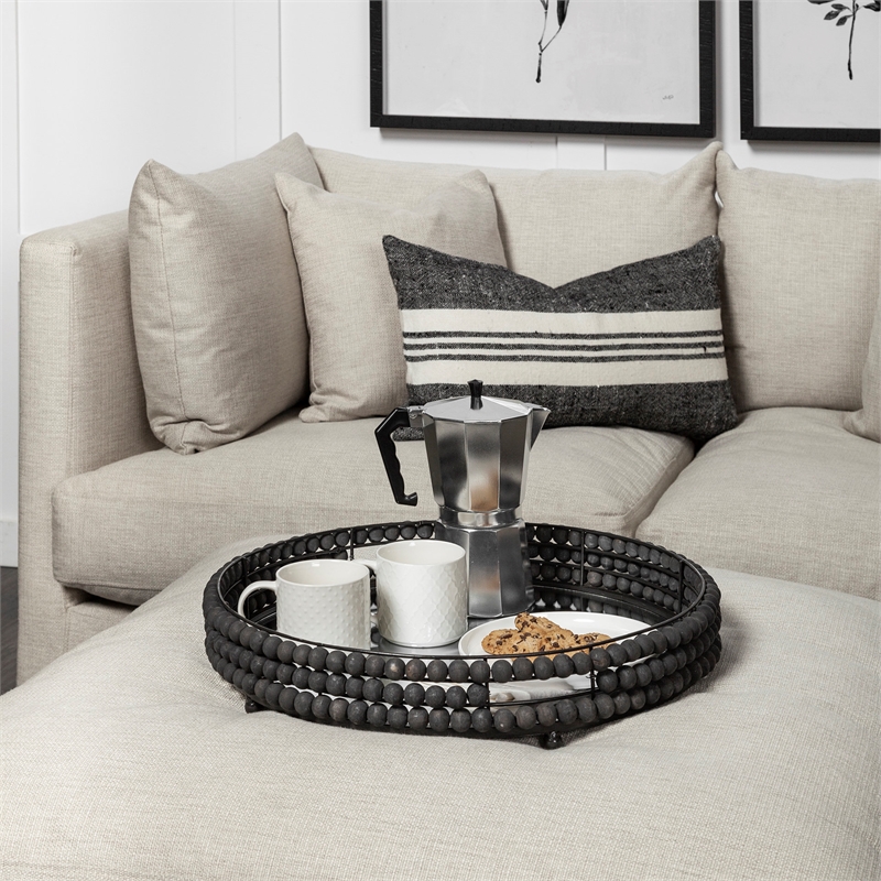 Decatur II Black Wooden Bead Mirrored Bottom Round Tray