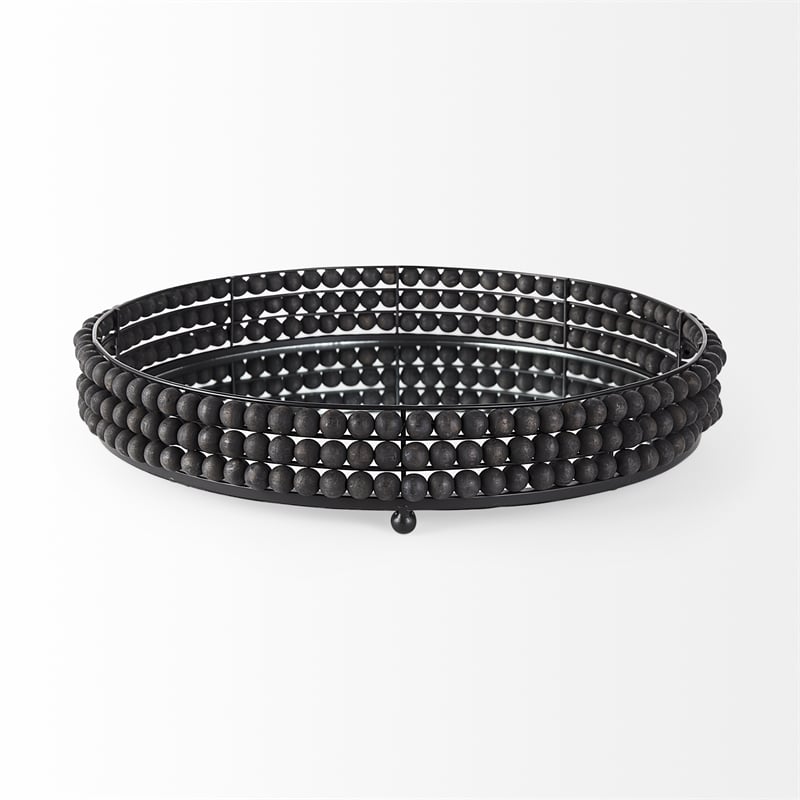 Decatur II Black Wooden Bead Mirrored Bottom Round Tray