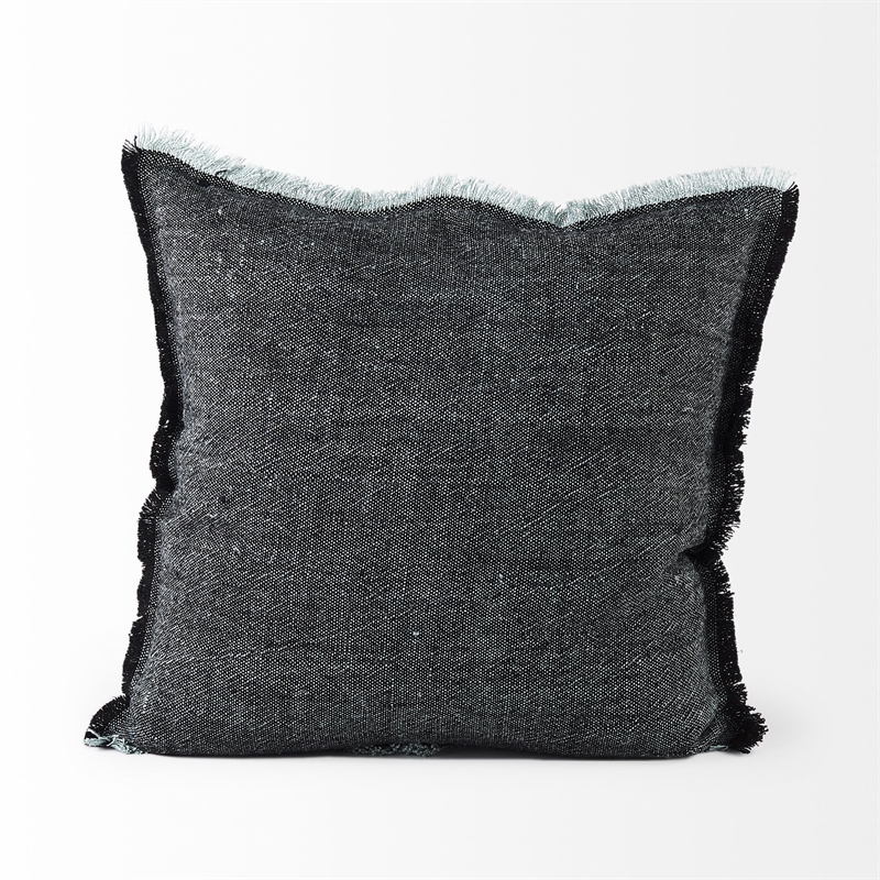 Malia Black and Teal Fabric Fringed Pillow Cover