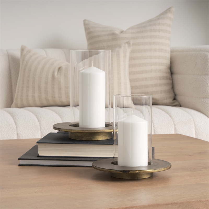 Vivian Gold Metal and Glass Hurricane Candle Holder (Set of