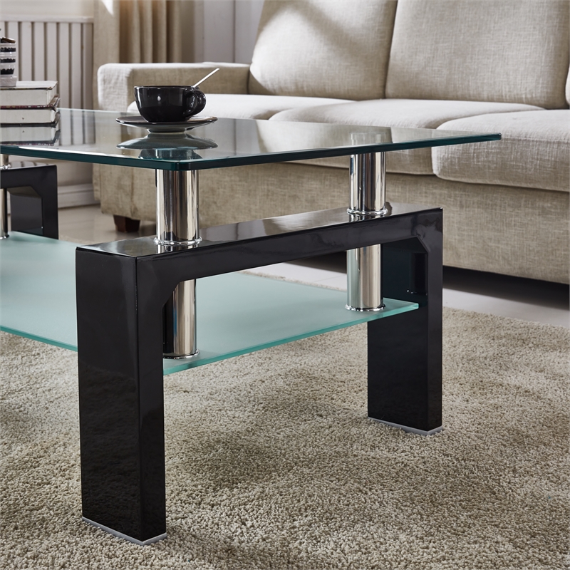 Black Tempered Glass Coffee Table Rectangle Side End Table Living Room Furniture