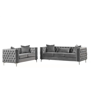 rn furnishings 2 piece button tufted velvet contemporary sofa set -gray