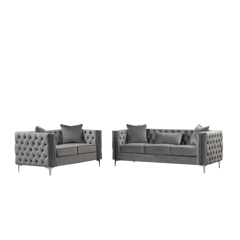 RN Furnishings modern Velvet fabric sofa and Loveseat Living room Set -Gray