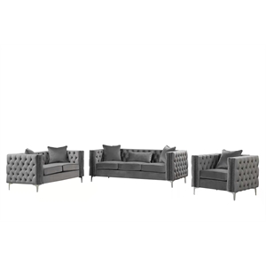 rn furnishings 3 piece button tufted velvet contemporary sofa set -gray