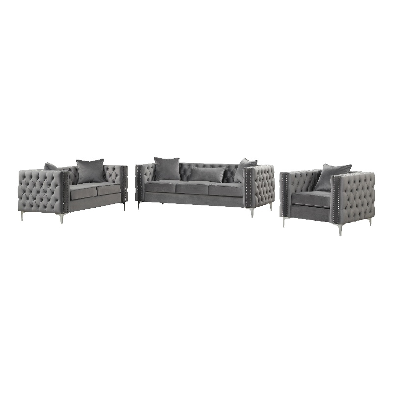 RN Furnishings Velvet fabric sofa Loveseat chair Living room furniture set-Gray