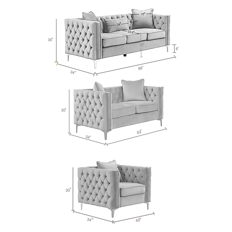 RN Furnishings Velvet fabric sofa Loveseat chair Living room furniture set-Gray