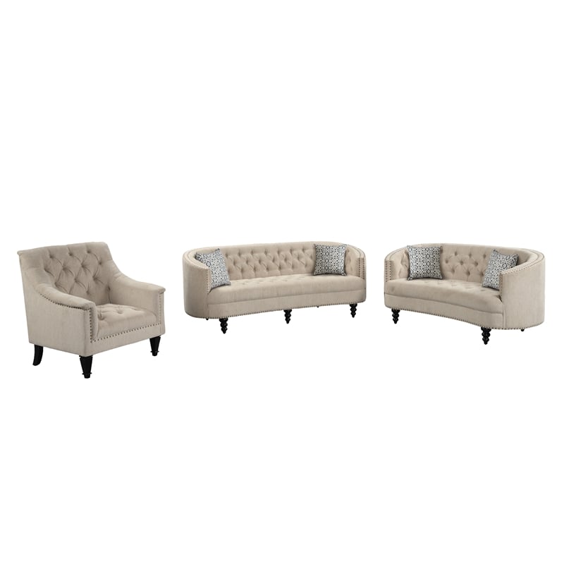 RN Furnishings 3 PC Button Tufted Linen Fabric Curved Sofa Set-Beige ...