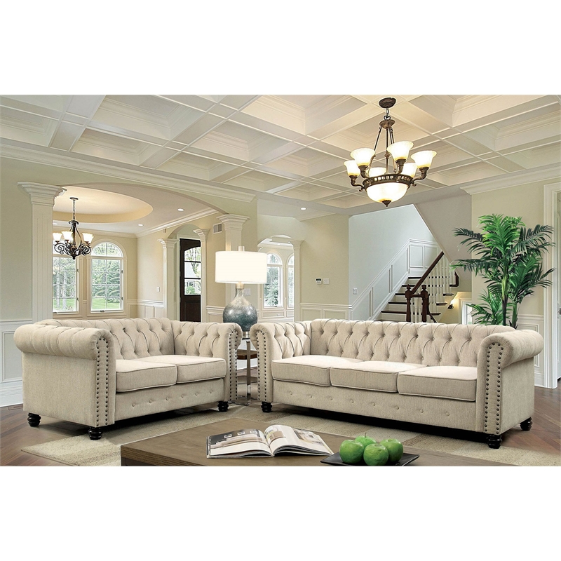 RN Furnishings Linen fabric sofa Loveseat Living room furniture Set -Beige