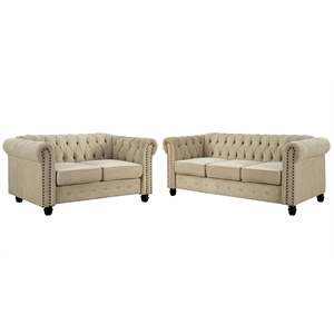 rn furnishings 2 piece button tufted linen fabric contemporary sofa set -beige