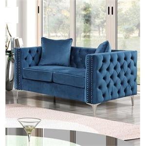 RN Furnishings Chesterfield Button Tufted Velvet Fabric Modern Loveseat-Blue
