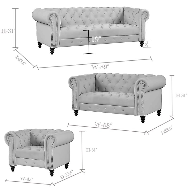 RN Furnishings 3 Piece Button Tufted Velvet Fabric Modern Sofa Set -Gray