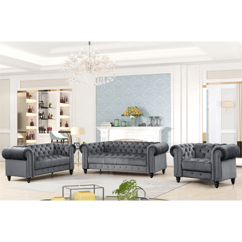 RN Furnishings 3 Piece Button Tufted Velvet Fabric Modern Sofa Set -Gray