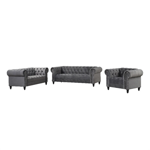 rn furnishings 3 piece button tufted velvet fabric modern sofa set -gray