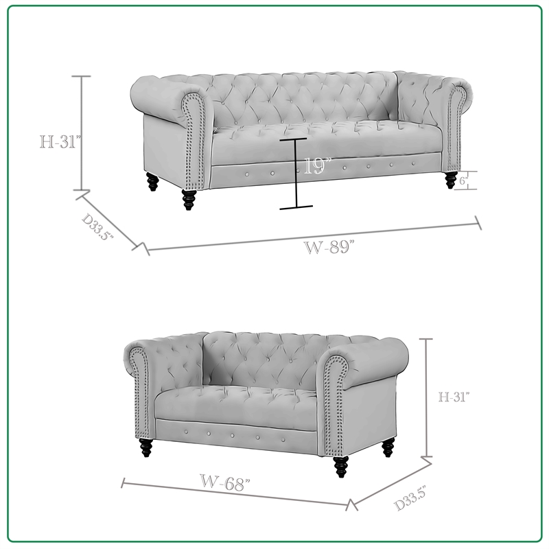 Rnfurnishings 2 Piece Living room furniture Velvet fabric Modern Sofa Set -Gray