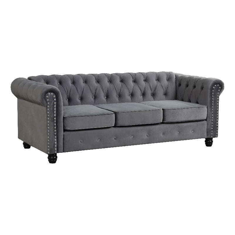 RN Furnishings Chesterfield Button Tufted Velvet fabric Livingroom Sofa-Gray